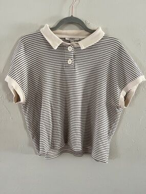 Atelier Striped Cream and Black Short Sleeve Top Nautical Coastal Collared Shirt